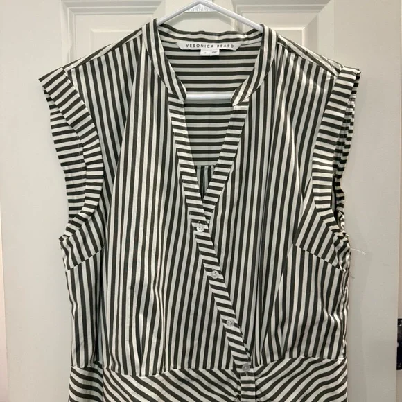 Veronica Beard Striped Asymmetric-Button Midi Dress Green White size 16 - Picture 4 of 15